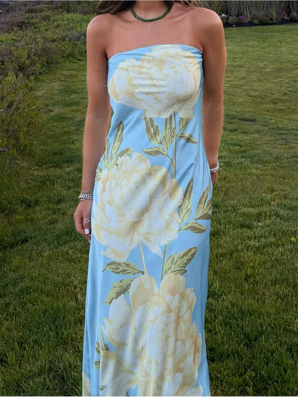 Joie Strapless Floral Long Dress in Light Blue and Cream